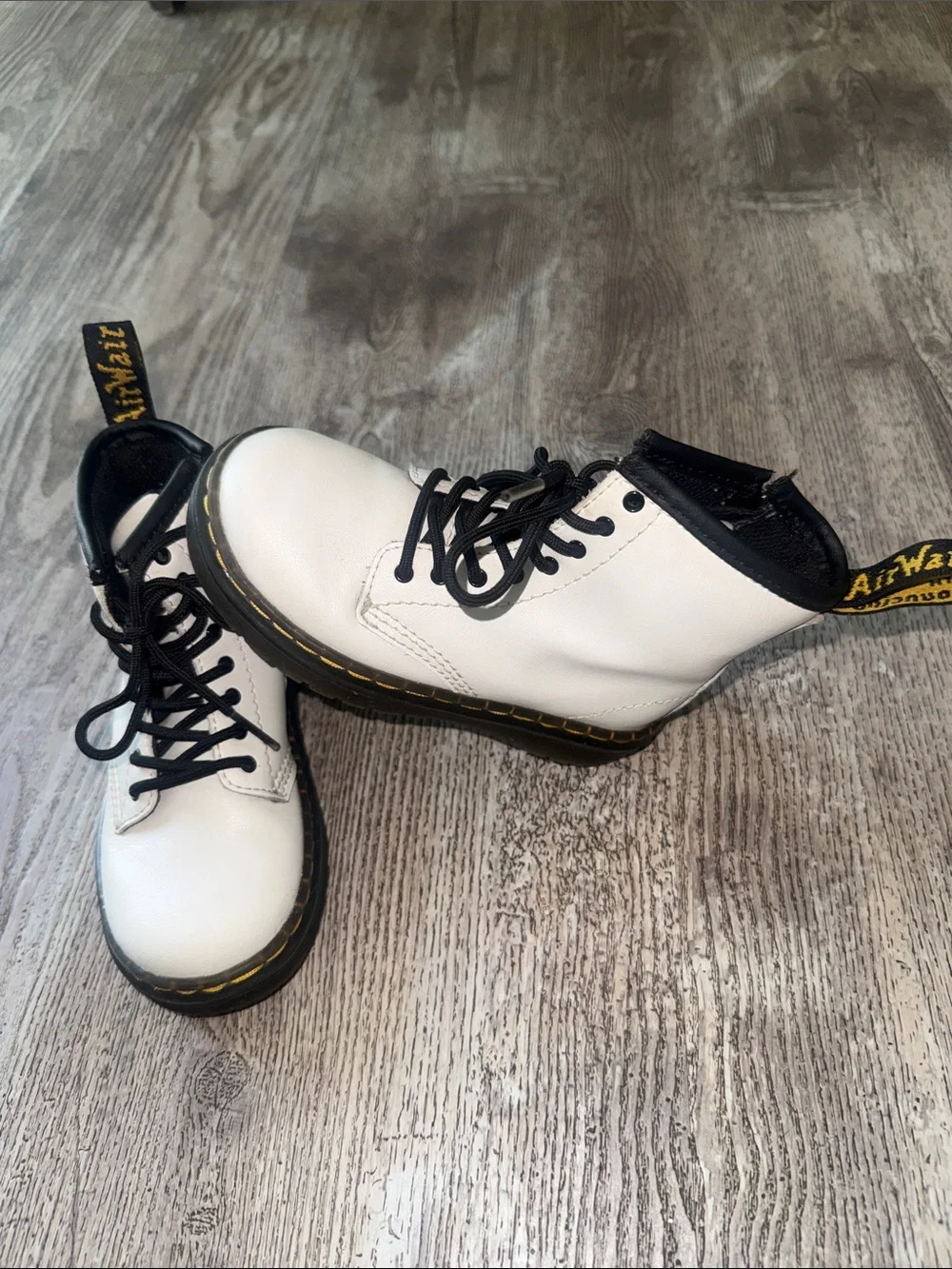 Dr. Martens White Boots with Black Trim and Yellow Stitching